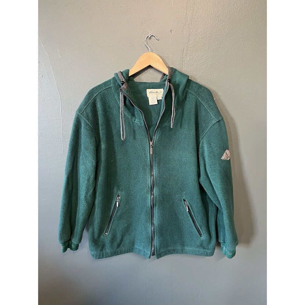 Y2K Eddie Bauer Mens Green Fleece Full Zip Hooded Jacket Size Small